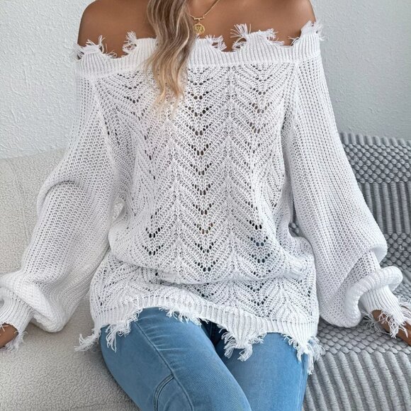 Distressed Hem Openwork Off-Shoulder Sweater - Picture 6 of 12